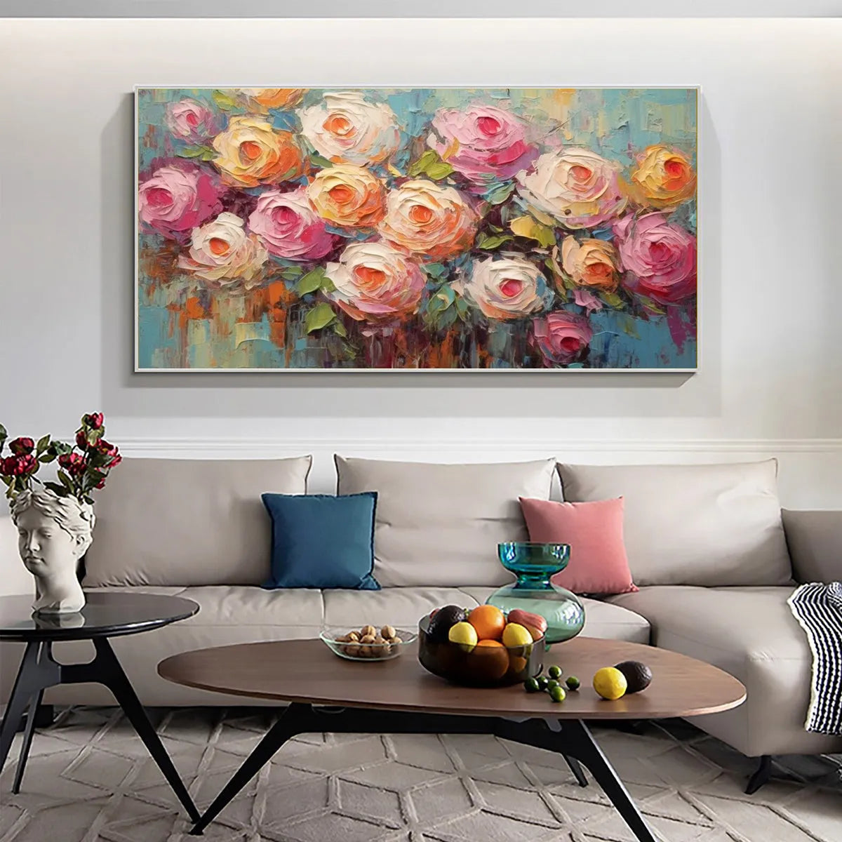 BLOOMING BOUQUET RHAPSODY: Colorful Impasto Floral Rose Painting for Wall Decor