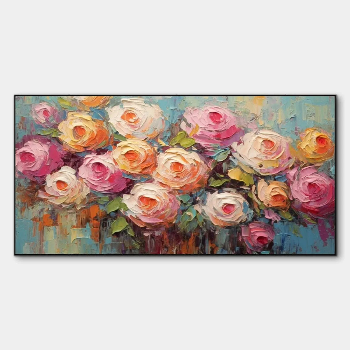 BLOOMING BOUQUET RHAPSODY: Colorful Impasto Floral Rose Painting for Wall Decor