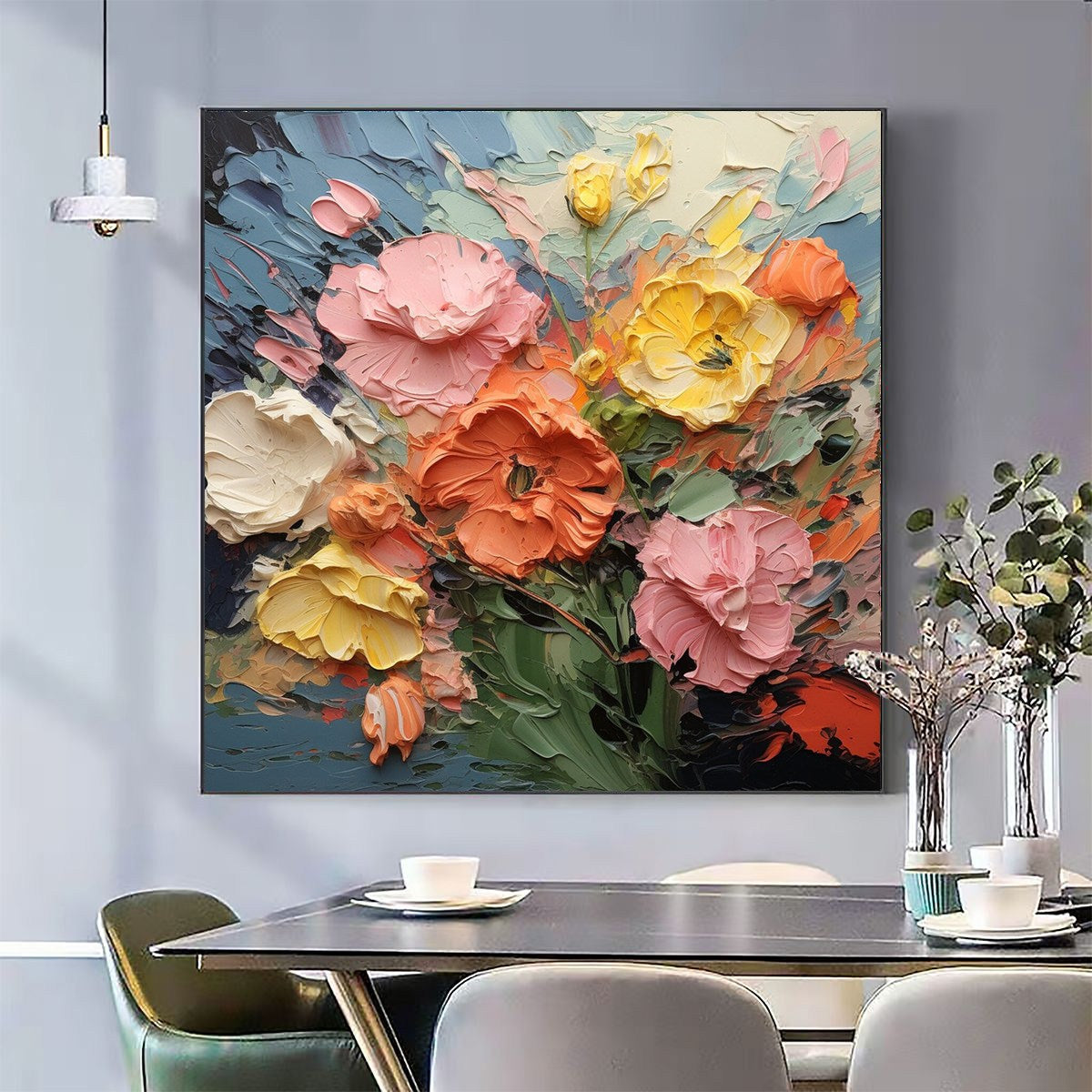Blooming Bouquet: Floral Oil Painting | Textured | Impasto | Colorful | Flowers | Square