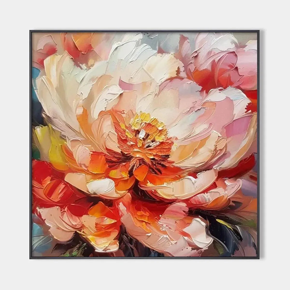 Textured impasto painting of a pink and orange peony, "BLOOMING PEONY" by Isabella Rossi.