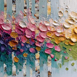 BLOSSOMING BIRCH: Colorful Impasto Birch Tree Forest Palette Knife Painting
