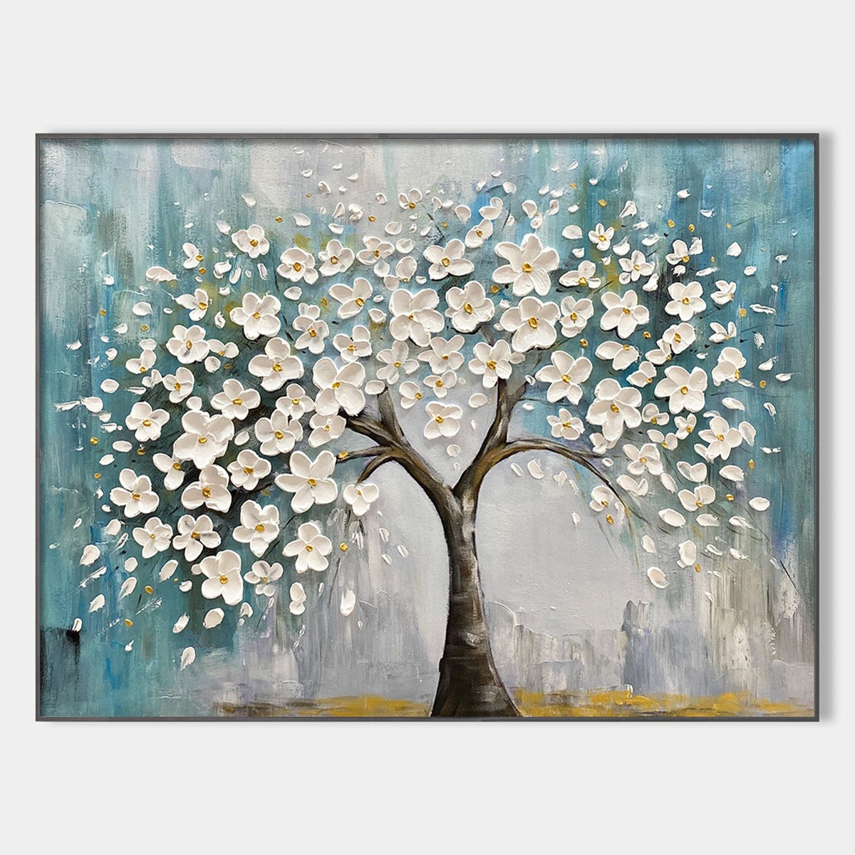 Blossom Dream: White Floral Impasto Oil Painting Canvas Wall Art Decor
