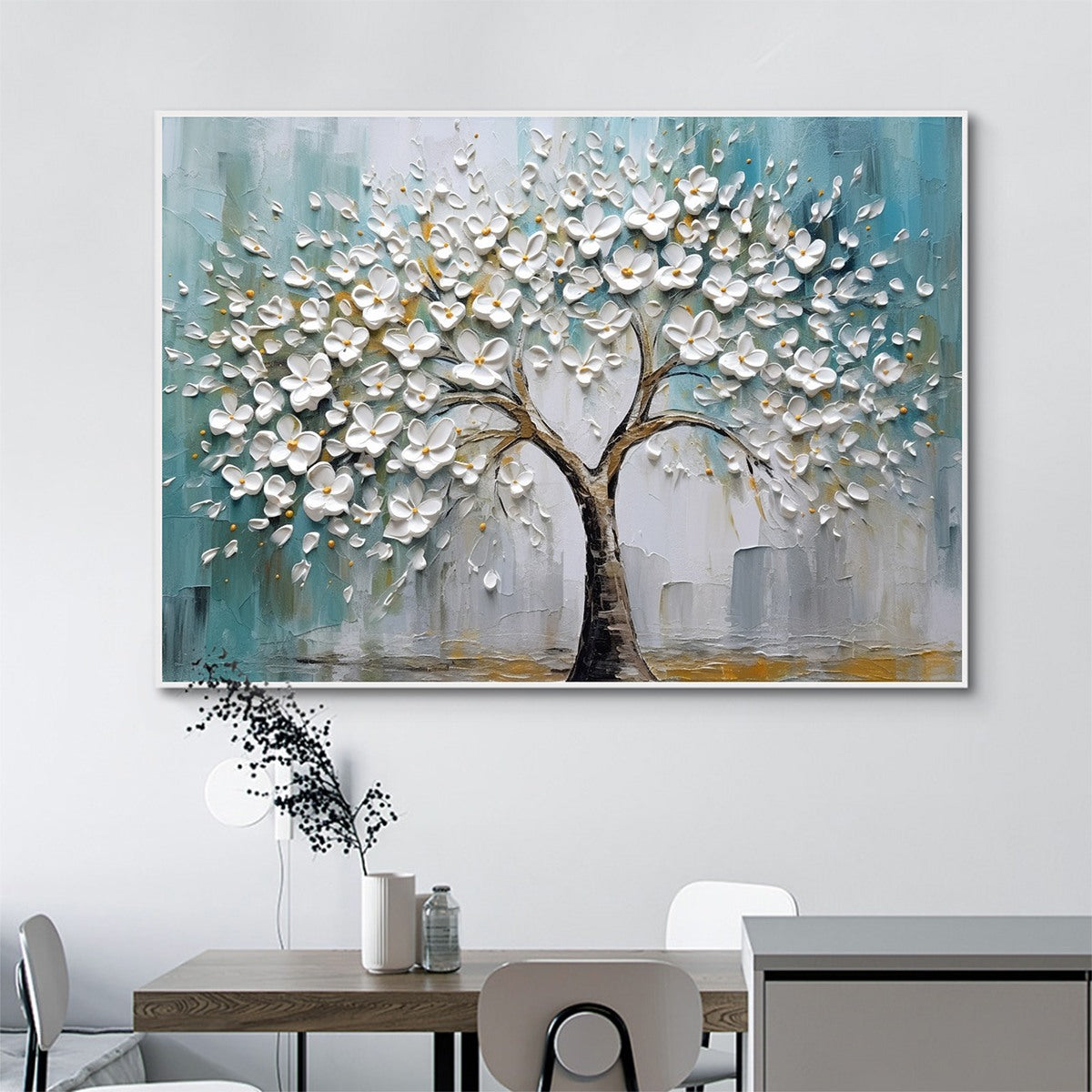 Blossom Dream: White Floral Impasto Oil Painting Canvas Wall Art Decor