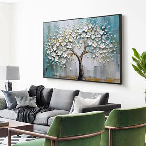 Blossom Dream: White Floral Impasto Oil Painting Canvas Wall Art Decor