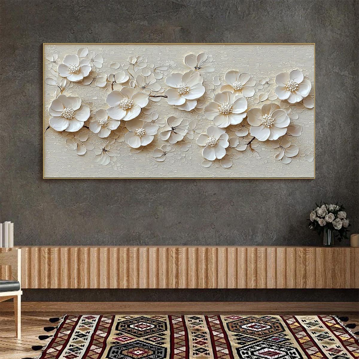 Blossom Serenade: Original Textured Floral Oil Painting - White Flower Wall Art