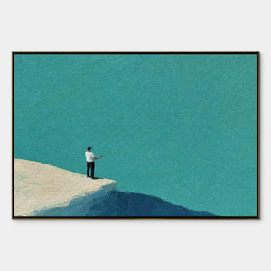Minimal figure painting of a person fishing on a cliff above a blue horizon, textured modern wall art