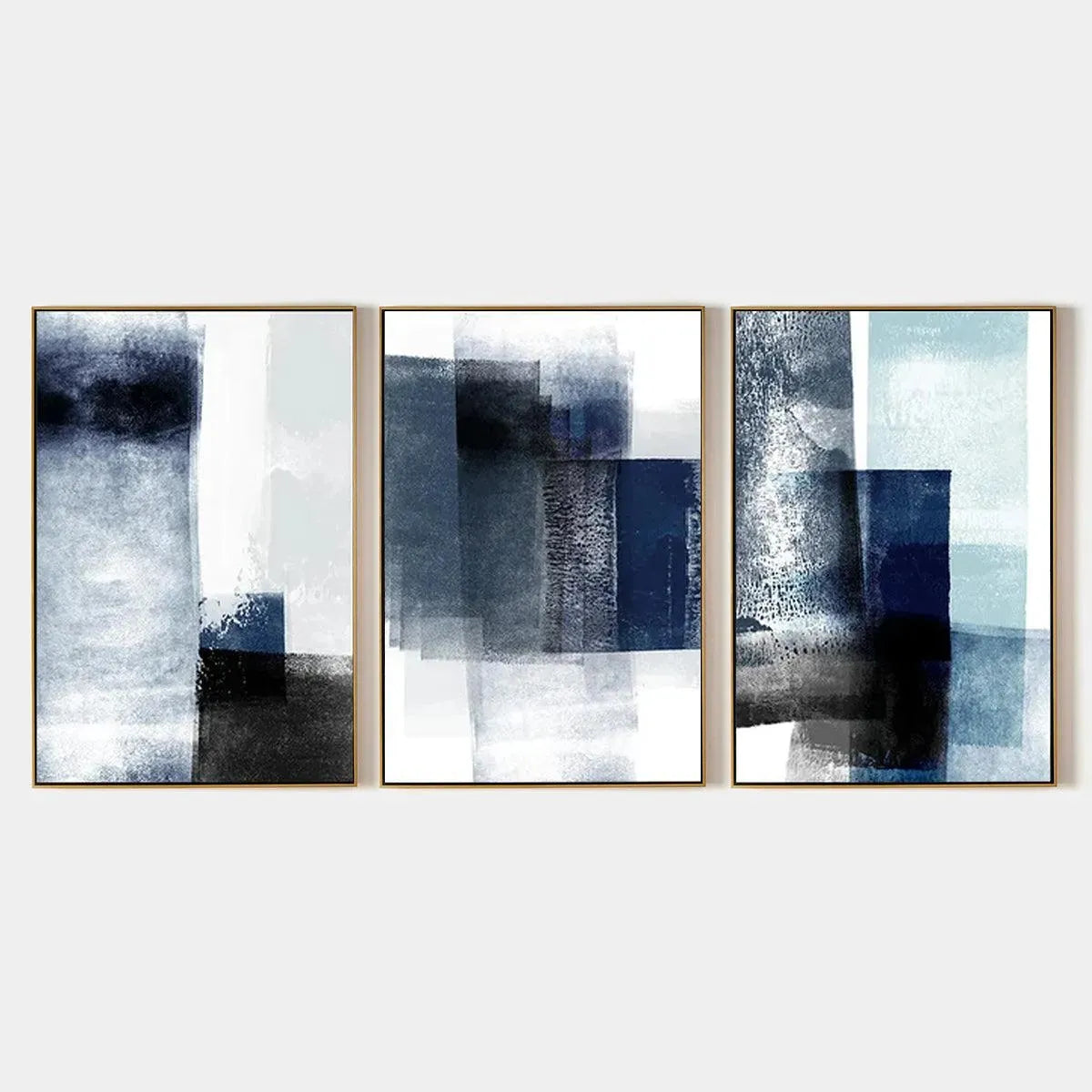 Set of 3 vertical blue abstract paintings with textured brushstrokes and layered blocks of navy, gray, and white.