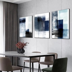 Set of 3 vertical blue abstract paintings with textured brushstrokes and layered blocks of navy, gray, and white.