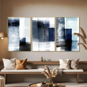 Set of 3 vertical blue abstract paintings with textured brushstrokes and layered blocks of navy, gray, and white.