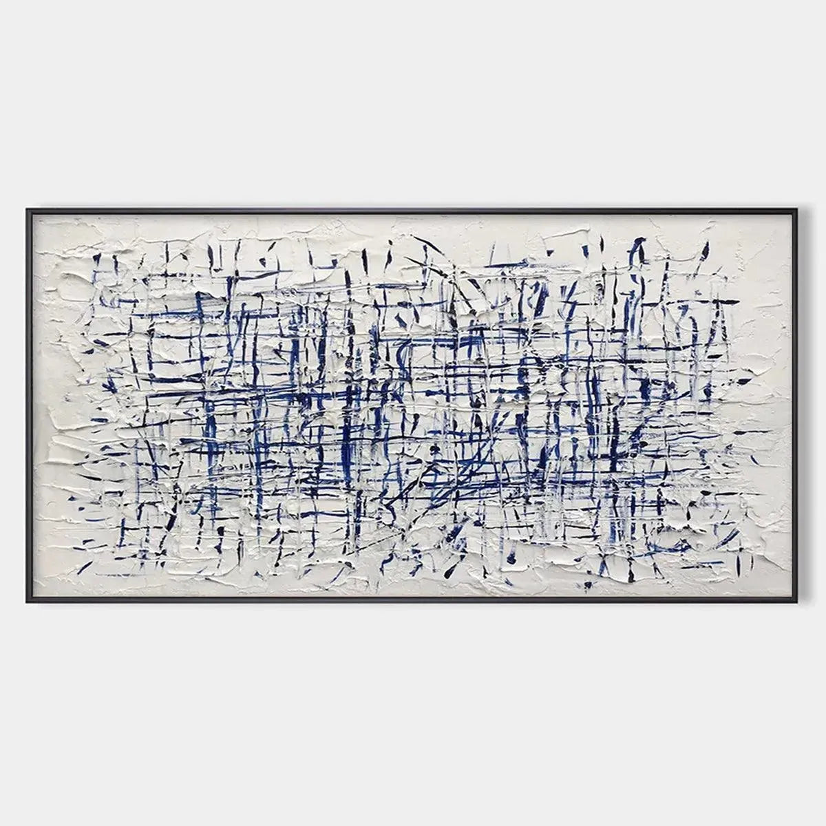 Javier Ramirez's Blue Grid abstract painting: textured white background with blue intersecting lines, framed artwork.