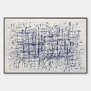 Blue Weave abstract painting by Javier Ramirez, blue and white textured artwork, modern art for home decor.