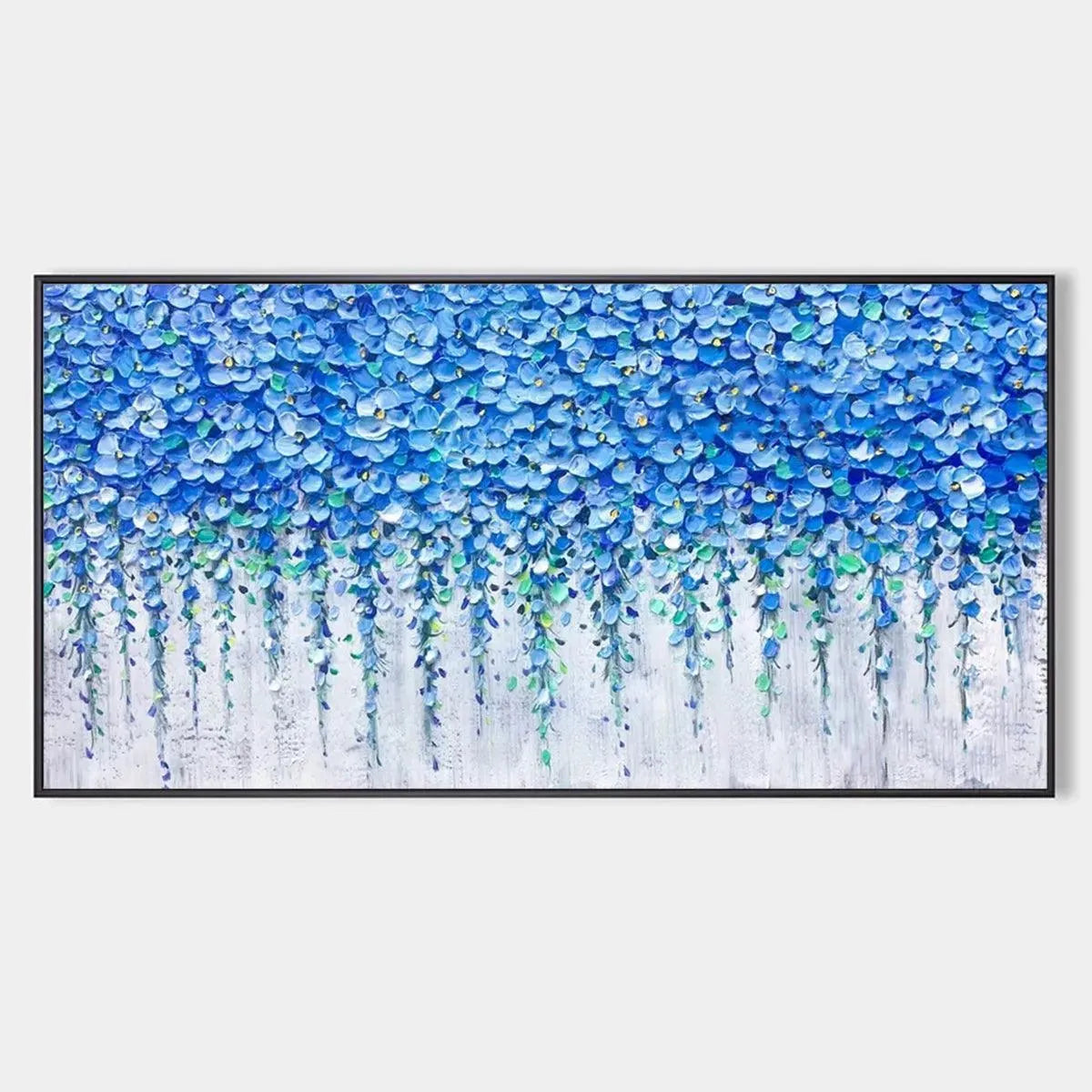 Blue Wisteria textured impasto painting by Elodie Dubois, featuring cascading blue floral blossoms in a black frame.