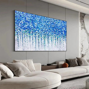 Blue Wisteria textured impasto painting by Elodie Dubois, featuring cascading blue floral blossoms in a black frame.