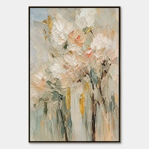 Pastel floral bouquet abstract painting with textured petals and gold accents