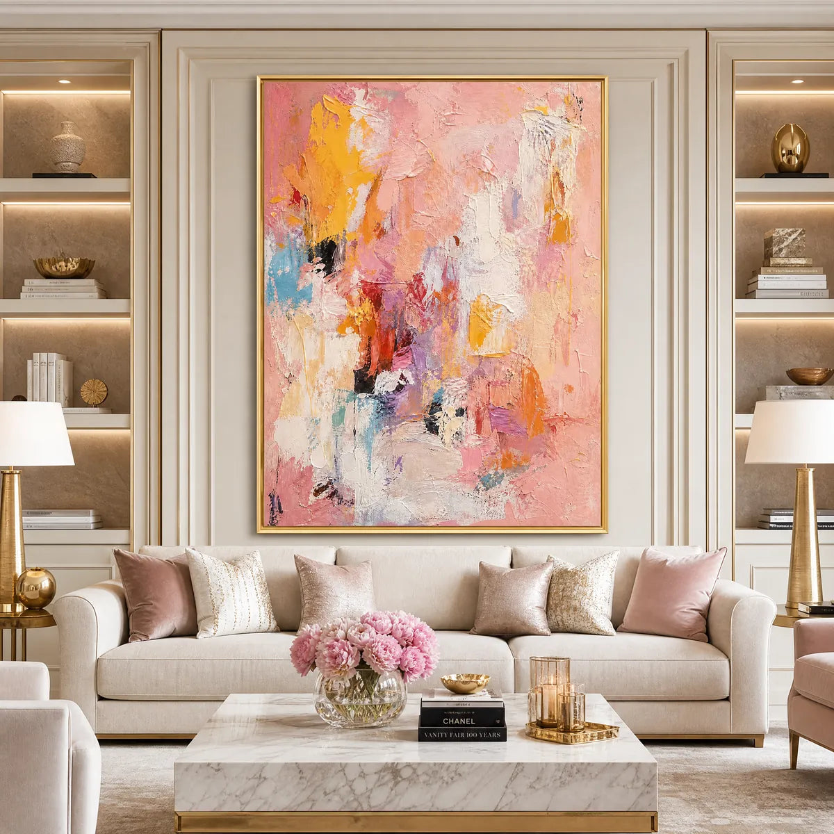 BLUSHING DAWN: Vertical Textured Abstract Oil Painting in Pink