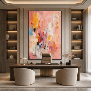 Vertical textured abstract oil painting in pink, blush, yellow and orange for modern wall art