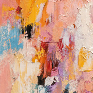 Textured abstract oil painting in blush pink, yellow, orange, blue, and white