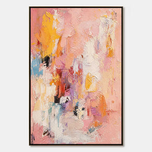 Vertical abstract oil painting in pink with blush, yellow, orange and blue impasto texture