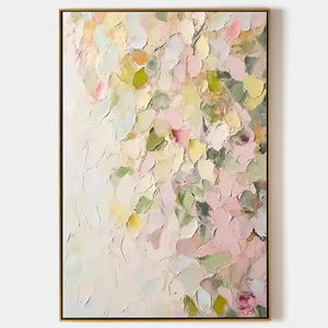 Textured Abstract Floral Painting, Pastel Pink and Green Wall Art, Vertical Canvas, Impasto Decor
