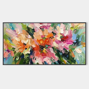 Original textured impasto floral oil painting in pink orange with black frame - Blushing Blooms wall art.