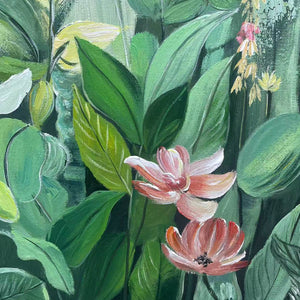 Vertical botanical garden painting with green, yellow, and white flowers. Impressionistic artwork by Elodie Dubois.