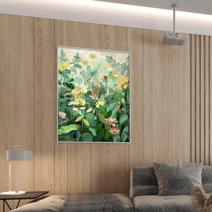 Vertical botanical garden painting with green, yellow, and white flowers. Impressionistic artwork by Elodie Dubois.