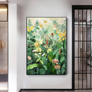 Vertical botanical garden painting with green, yellow, and white flowers. Impressionistic artwork by Elodie Dubois.