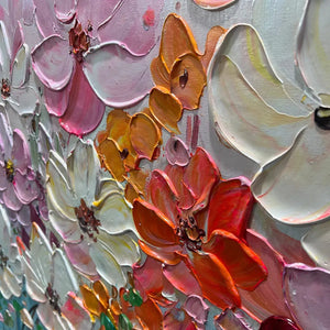 Panoramic Impasto Painting of Colorful Flowers, Textured Floral Wall Art