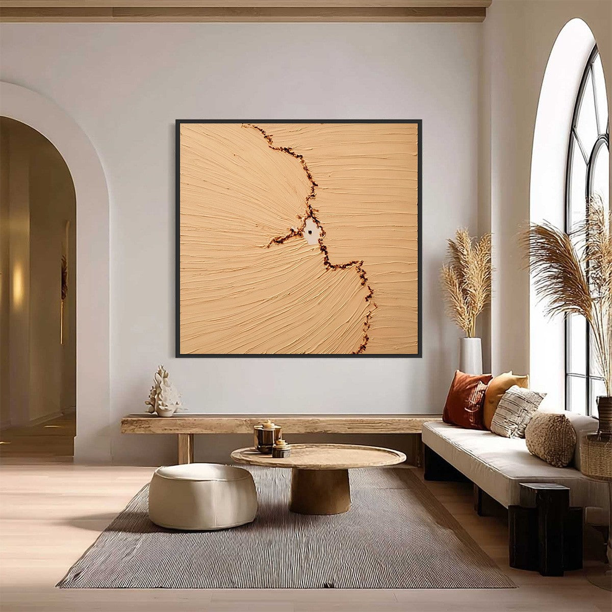 Original Wabi-Sabi textured abstract painting, beige impasto with fissure.