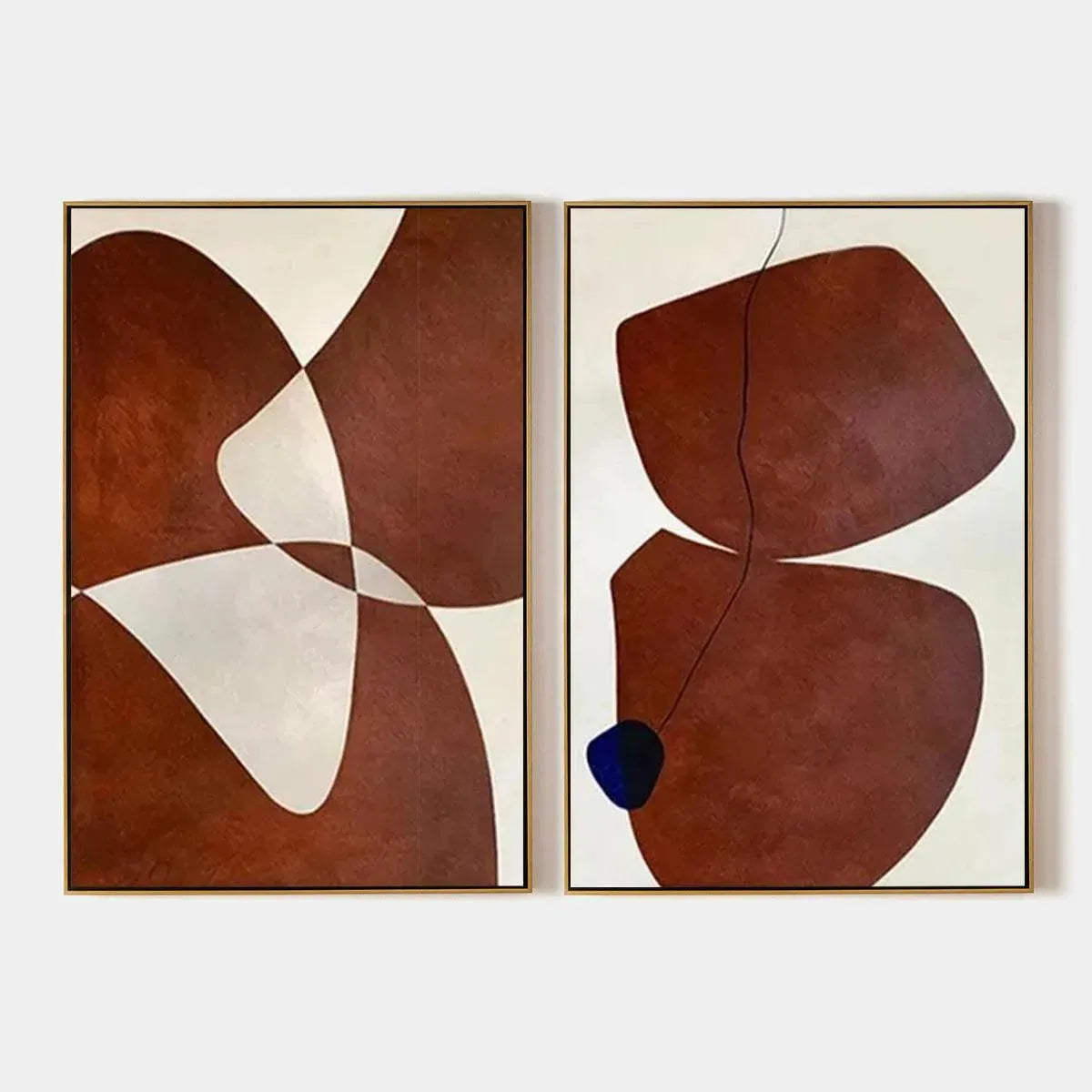 Brown abstract diptych wall art set of 2 vertical paintings with organic shapes in brown and off-white, gold frames