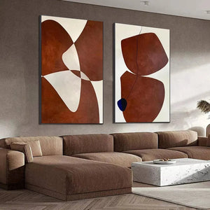 Brown abstract diptych wall art set of 2 vertical paintings with organic shapes in brown and off-white, gold frames