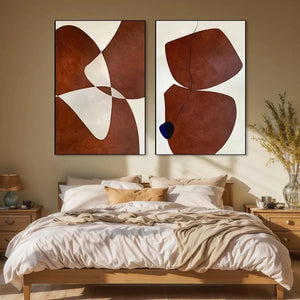 Brown abstract diptych wall art set of 2 vertical paintings with organic shapes in brown and off-white, gold frames
