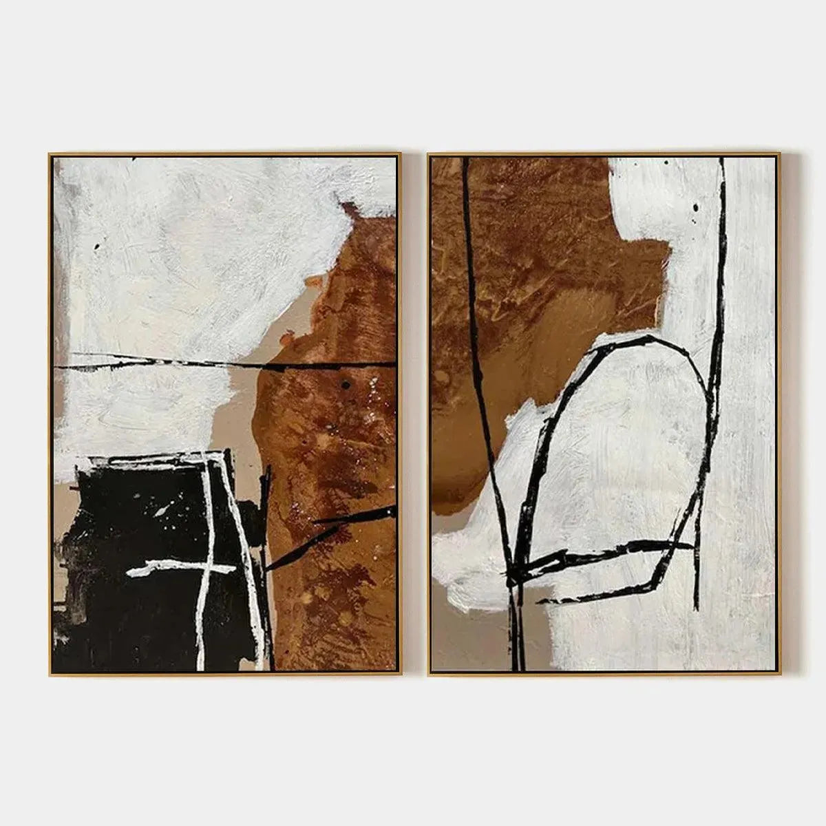 Brown and white abstract diptych wall art set, featuring textured vertical paintings with bold black lines and earthy tones.
