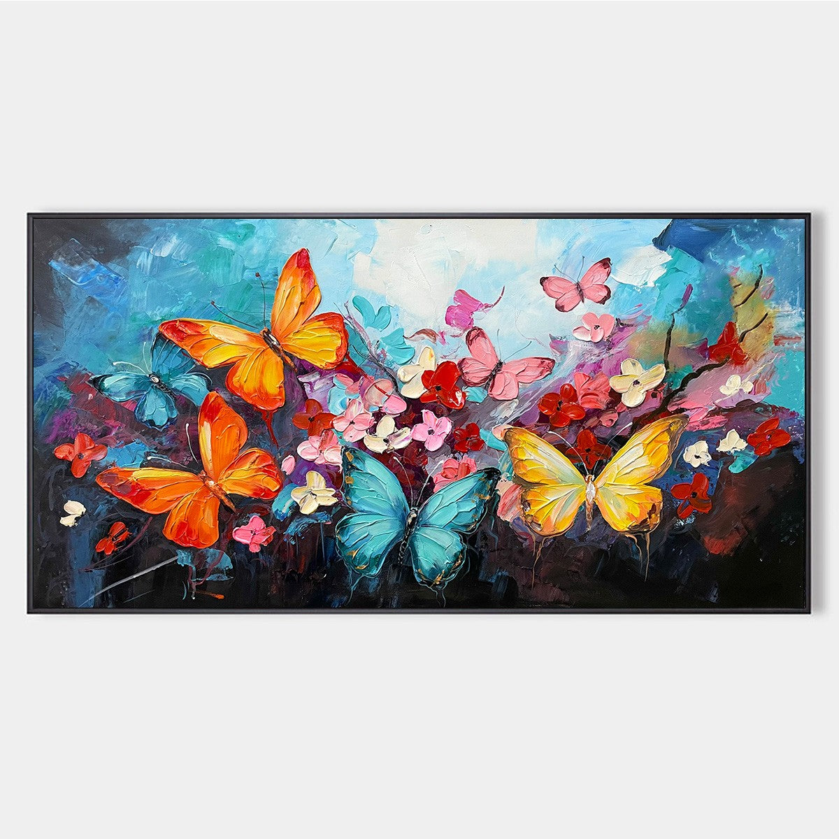 Butterfly Waltz: Colorful Butterfly and Floral Impasto Oil Painting Canvas Wall Art Decor