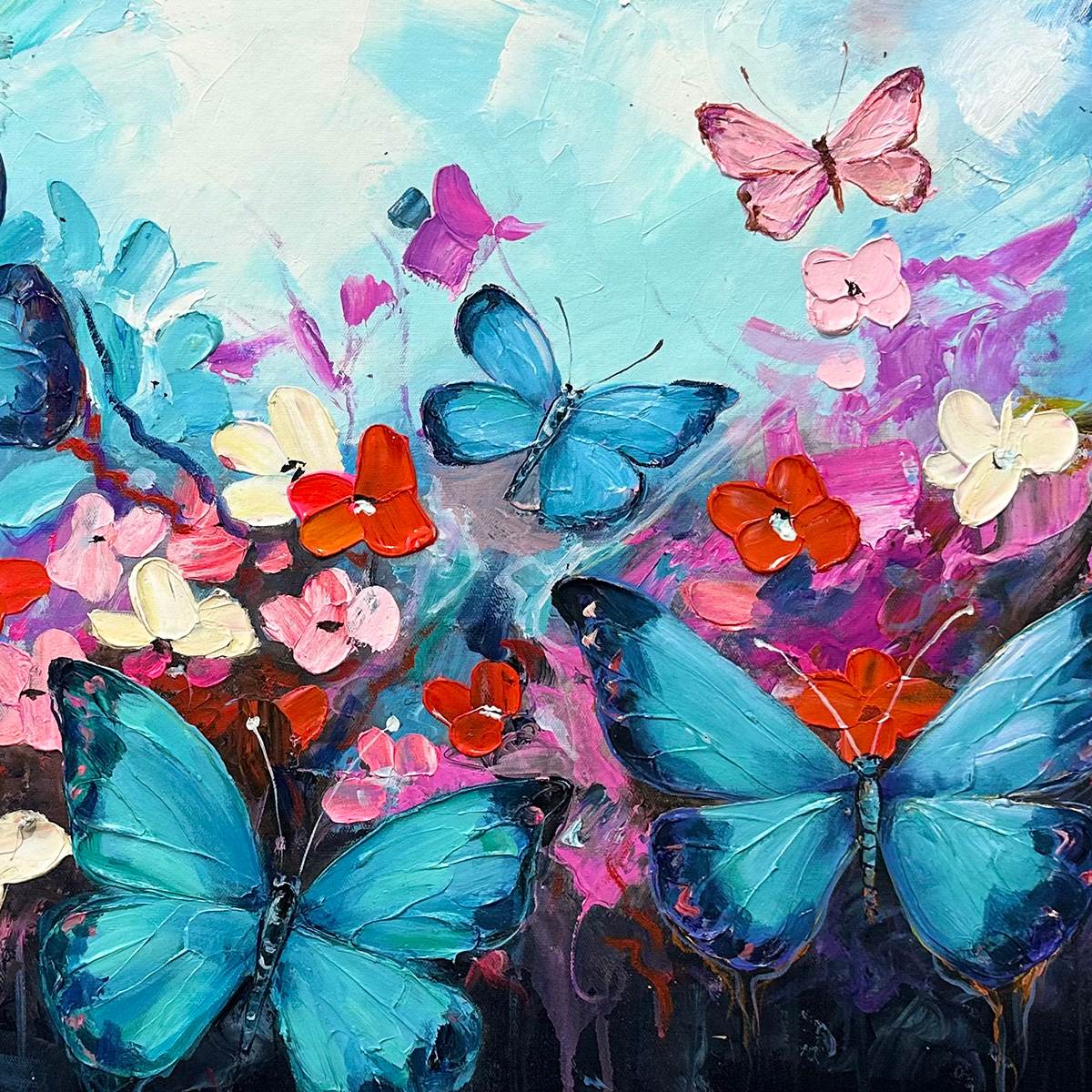 BUTTERFLY WALTZ: Colorful Butterfly and Floral Impasto Oil Painting