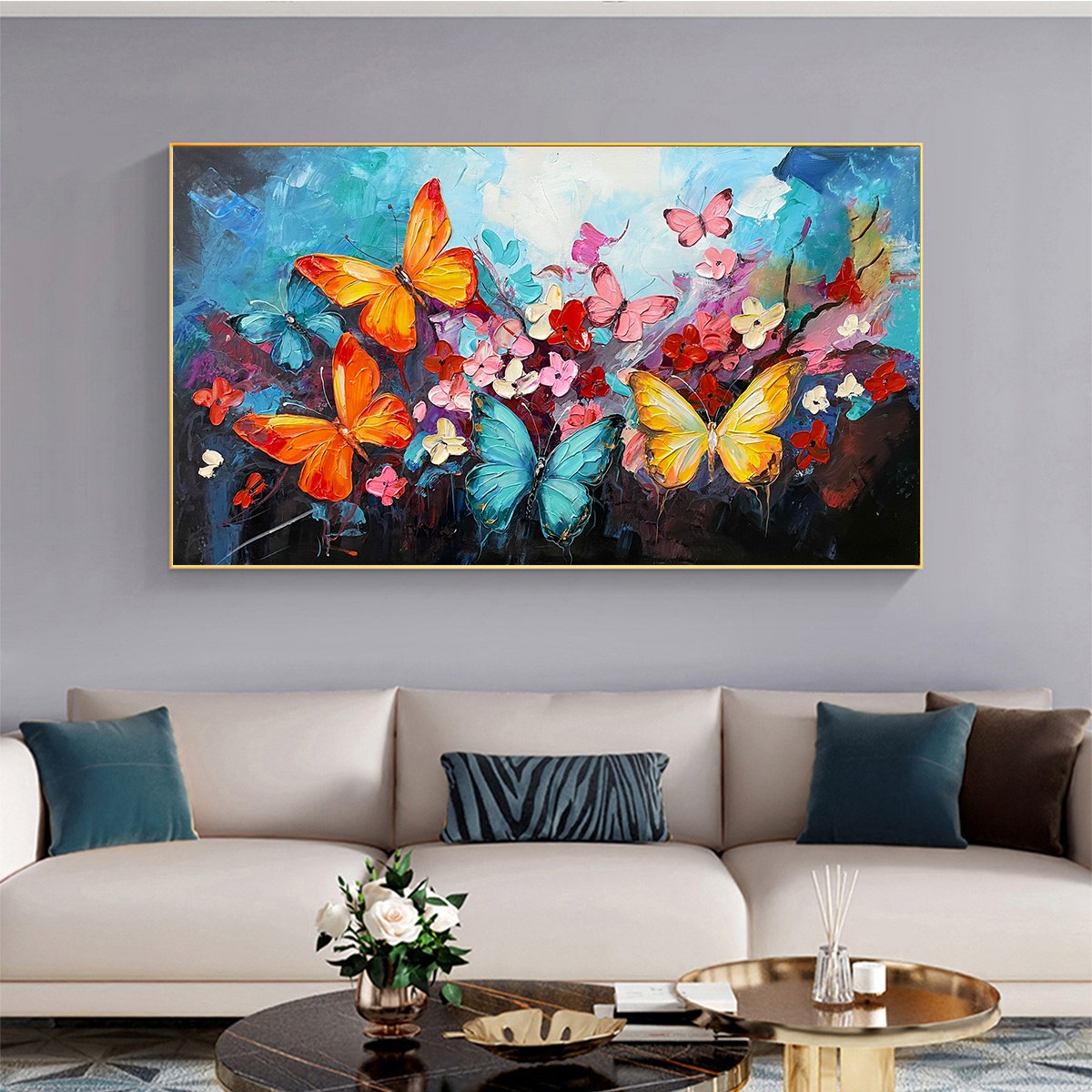 Butterfly Waltz: Colorful Butterfly and Floral Impasto Oil Painting Canvas Wall Art Decor