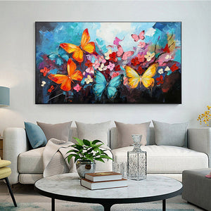 Butterfly Waltz: Colorful Butterfly and Floral Impasto Oil Painting Canvas Wall Art Decor