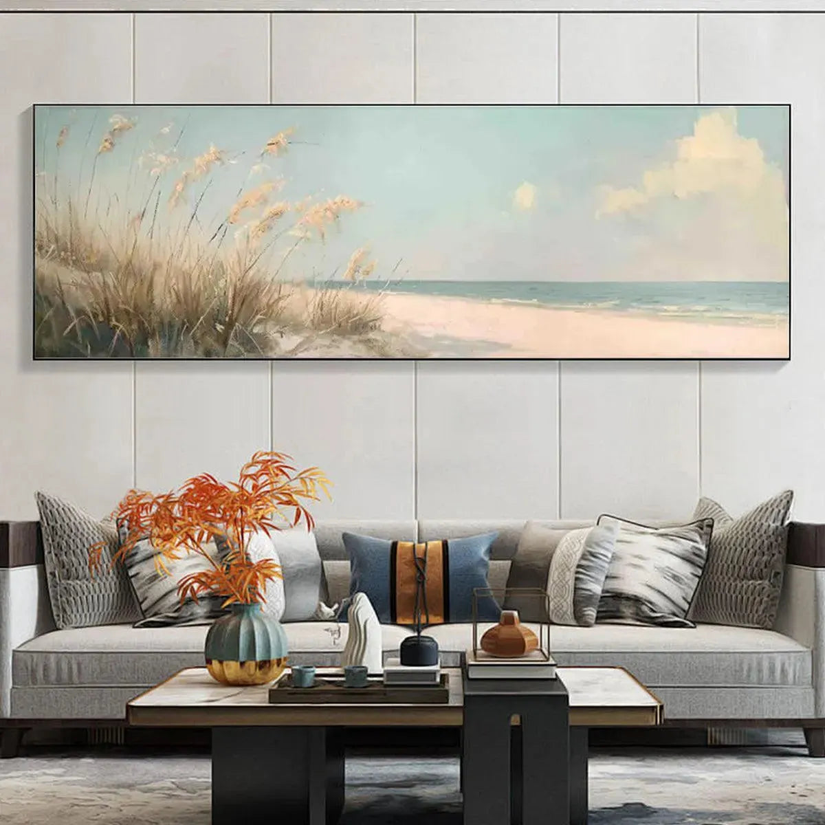 Panoramic beach grass oil painting artwork in a living room lifestyle setting.