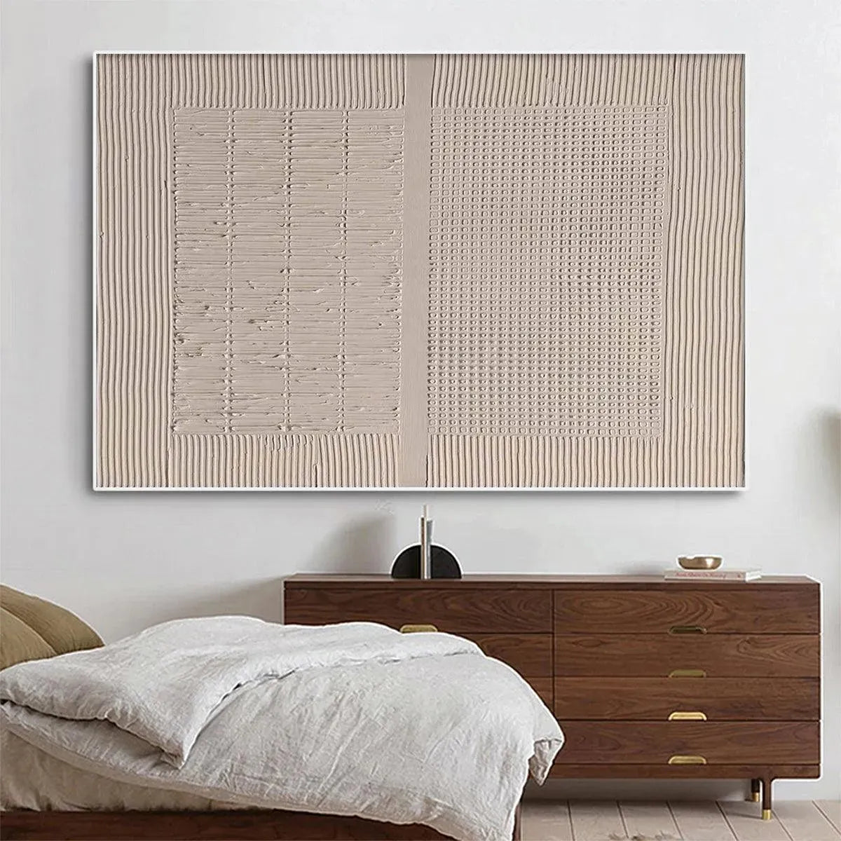 Beige Texture Diptych by Javier Ramirez, modern textured painting in beige tones, perfect for minimalist living room decor.