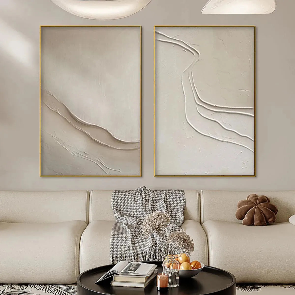 Beige textured abstract diptych wall art set of 2, showcasing raised textured lines in a minimalist design.