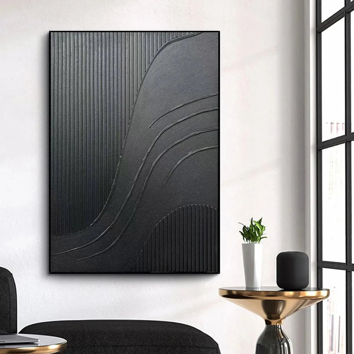 Black Textured Curves painting by Javier Ramirez, minimalist abstract art with textured black surface and modern style