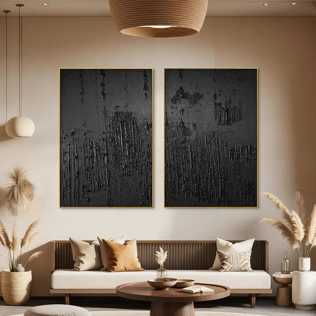 Black Textured Diptych by Liam O'Connell, two vertical abstract paintings with gold frames, modern art for living room