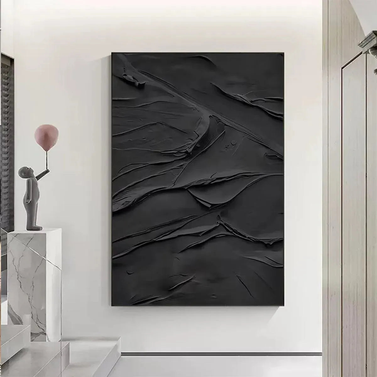 Black Impasto Painting by Isabella Rossi, vertical wall art, textured black abstract, modern decor, museum quality