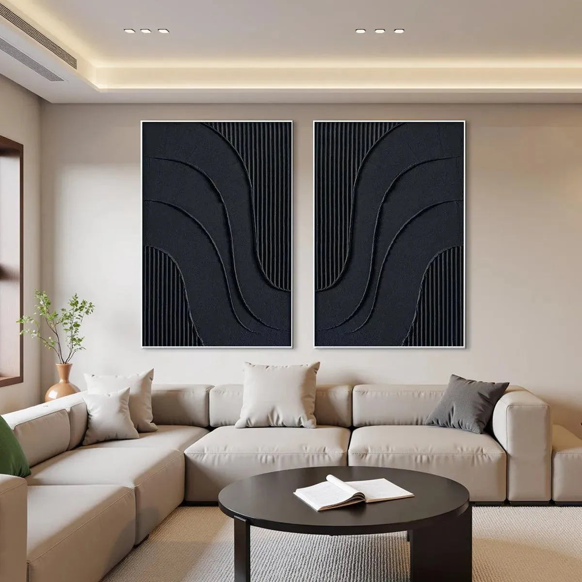 Black Textured Waves Diptych abstract art by Liam O'Connell, textured black waves, vertical wall art for living room.