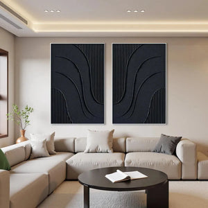 Black Textured Waves Diptych, Liam O'Connell's abstract art set of two, deep black textured waves, vertical wall art.