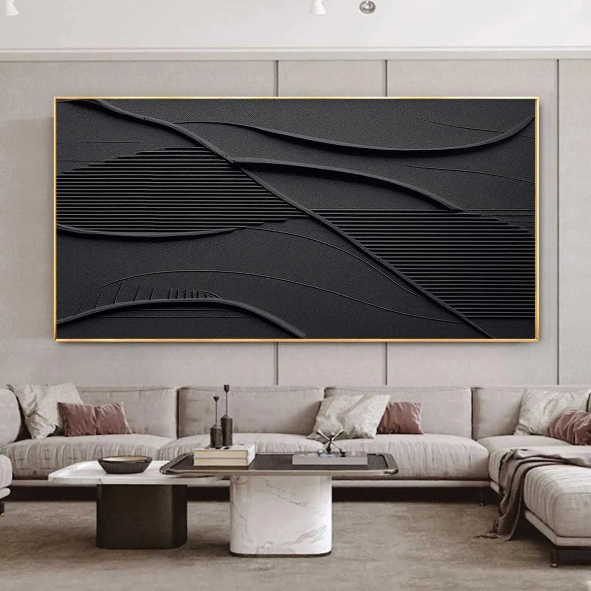 Javier Ramirez Black Textured Waves painting, gold frame, minimalist art, wave and line design for modern home decor.