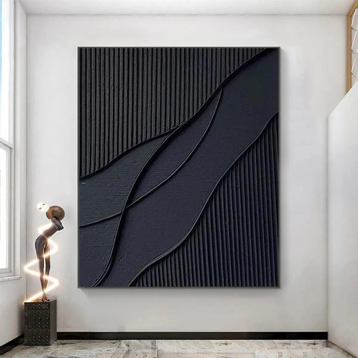 Black Textured Waves painting by Javier Ramirez, vertical minimalist artwork with wave-like forms, modern wall decor.