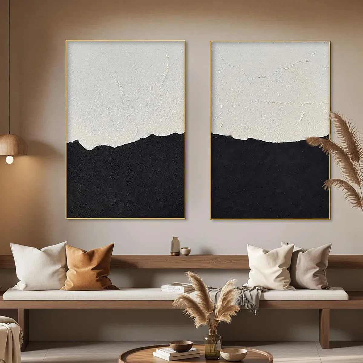 Black and white abstract landscape diptych by Liam O'Connell. Vertical wall art with textured finish and gold frames.