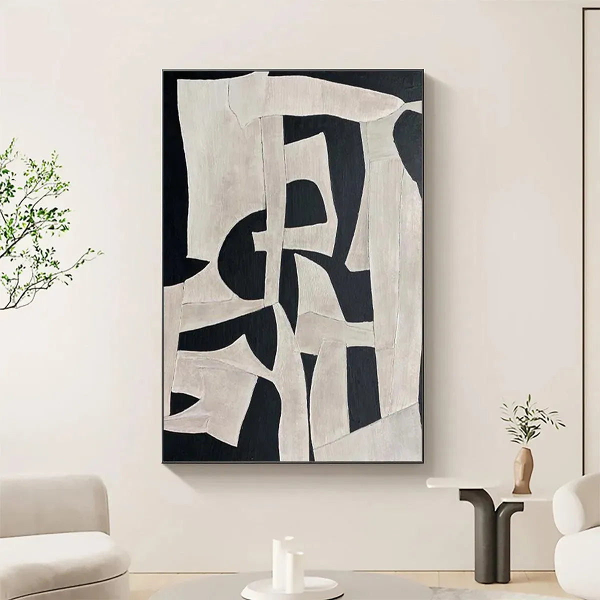 Black and white abstract painting by Javier Ramirez. Minimalist artwork on premium canvas. Modern art for home decor.
