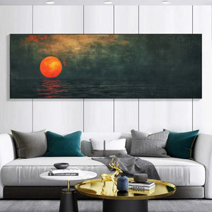 Panoramic painting of a vibrant blood moon over the ocean at dusk, vintage style, displayed above a sofa in a living room.